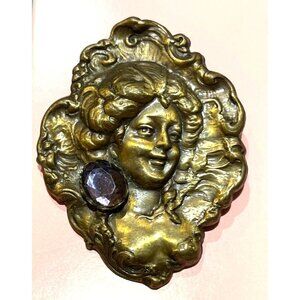 Vintage Metallic Cameo with Purple Amethyst Colored Accent Stone
